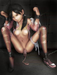 Rule 34 | 1girl, bdsm, black hair, bondage, bound, brown eyes, bruise, censored, chain, female focus, full body, h.s.c c-cake world, injury, nipples, panties, sex toy, slave, solo, spread legs, stain, tears, thighhighs, torn clothes, underwear, vaginal, vibrator