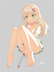 Rule 34 | 1girl, bare legs, barefoot, blonde hair, bow, clothes between thighs, collarbone, convenient censoring, convenient leg, dress, full body, grecale (kancolle), green hair, grey background, hair bow, holding, holding torpedo, kantai collection, licking lips, long hair, moon ash, red bow, sailor dress, simple background, sleeveless, sleeveless dress, solo, toes, tongue, tongue out, torn clothes, torn dress, torpedo, white dress