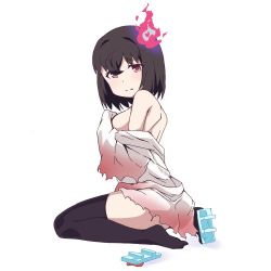Rule 34 | 1girl, ass, back, bare shoulders, black hair, black thighhighs, blush, covering privates, covering breasts, feet, fire, full body, ghost, japanese clothes, kimono, light blush, loom, lowres, no bra, pink eyes, sandals, seiza, short hair, sitting, solo, thighhighs, thighs, torn clothes, towa rui, towa rui (artist), towa rui channel, unworn sandals, virtual youtuber, white background, white kimono