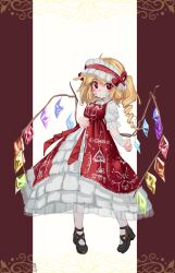 Rule 34 | adapted costume, black footwear, blonde hair, blush, bow, breasts, closed mouth, crystal, dress, flandre scarlet, frills, front slit, headdress, highres, layered dress, looking at viewer, mary janes, medium breasts, one side up, pillarboxed, puffy short sleeves, puffy sleeves, red bow, red dress, red eyes, red ribbon, ribbon, shoes, short sleeves, signature, smile, touhou, white background, white dress, wings, zakozako y
