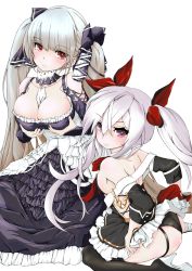 Rule 34 | 2girls, ass, azur lane, black legwear, black panties, breasts, cleavage, clothes lift, collarbone, commentary request, detached sleeves, dress, dress lift, formidable (azur lane), garter straps, gothic lolita, grey hair, hair between eyes, hair ribbon, highres, large breasts, leotard, lifting own clothes, lolita fashion, looking at viewer, multiple girls, p.i.t.d, panties, red eyes, ribbon, seiza, simple background, sitting, thighhighs, twintails, underwear, vampire (azur lane), white background