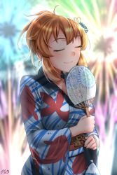 Rule 34 | 1girl, absurdres, blush, breasts, brown hair, charlotte e. yeager, closed eyes, closed mouth, collarbone, fireworks, flower, hair flower, hair ornament, hand fan, highres, hiroshi (hunter-of-kct), japanese clothes, kimono, large breasts, medium breasts, outdoors, smile, solo, standing, strike witches, upper body, world witches series, yukata
