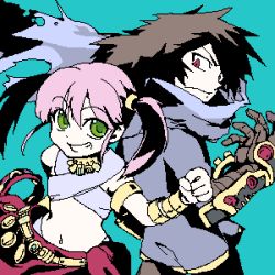 Rule 34 | 1boy, 1girl, alchemist (sekaiju), armlet, armor, atlus, back-to-back, bard, bard (sekaiju), bare shoulders, belt, black hair, bracer, clenched hand, crop top, etrian odyssey, flat chest, frown, gauntlets, green eyes, grin, jewelry, long hair, looking at viewer, looking back, lowres, midriff, navel, necklace, oekaki, outstretched arm, pink hair, profile, red eyes, sarong, scarf, short twintails, smile, spiked hair, torn clothes, twintails, upper body