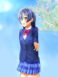 Rule 34 | 1girl, ;), artist name, artist request, bare legs, blue cardigan, blue hair, blue jacket, blue skirt, blue sky, blush, bow, bowtie, branch, breasts, buttons, cardigan, checkered clothes, checkered skirt, cloud, collared shirt, day, female focus, hair between eyes, highres, jacket, long hair, long sleeves, looking at viewer, love live!, love live! school idol project, miniskirt, one eye closed, otonokizaka school uniform, outdoors, parted lips, plaid, plaid skirt, pleated, pleated skirt, reaching, reaching towards viewer, red bow, school uniform, shirt, skirt, sky, small breasts, smile, solo, sonoda umi, striped, striped bow, sweater vest, tree, undershirt, vest, white shirt, wing collar, wink, yellow eyes, yellow vest