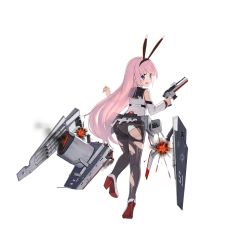 Rule 34 | 1girl, animal ears, ass, black pantyhose, blue eyes, blush, broken, buttons, cannon, detached sleeves, dress, explosion, flashing, from behind, full body, gun, hagi (ame hagi), hairband, hands up, high heels, holding, holding gun, holding weapon, leg lift, long hair, machinery, official art, open mouth, panties, panties under pantyhose, pantyhose, pink hair, rabbit ears, remodel (warship girls r), rudder footwear, sailor collar, shoes, sleeveless, sleeveless dress, smoke, thighband pantyhose, torn clothes, torn legwear, torpedo, translucent hair, transparent background, turning head, turret, underwear, warship girls r, weapon, white dress, white footwear, white panties, white sleeves, z17 diether von roeder (zhan jian shao nyu)