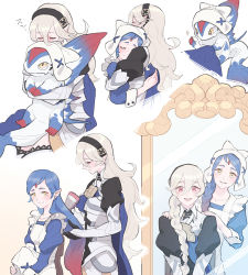 Rule 34 | 2girls, alternate hairstyle, apron, armor, armored dress, black hairband, blue cape, blue dress, blue hair, blush, braid, brushing another&#039;s hair, brushing hair, cape, chair, closed eyes, closed mouth, corrin (female) (fire emblem), corrin (fire emblem), creature, d0o00o0b, dragon, dragon girl, dress, fire emblem, fire emblem fates, forehead jewel, gradient hair, hair brush, hairband, hat, holding, holding hair brush, hug, hug from behind, juliet sleeves, lilith (fire emblem), long hair, long sleeves, looking at another, looking at viewer, mirror, multicolored hair, multiple girls, multiple views, nintendo, open mouth, pointy ears, puffy sleeves, red eyes, red hair, reflection, siblings, single braid, sisters, sitting, slit pupils, smile, two-tone hair, wavy hair, white apron, white background, white hair, white headwear, yellow eyes