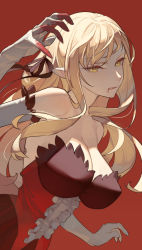 Rule 34 | 1girl, bare shoulders, blonde hair, blood, blood from mouth, breasts, cleavage, dress, elbow gloves, gloves, hair ribbon, kiss-shot acerola-orion heart-under-blade, kizumonogatari, large breasts, licking lips, long hair, looking at viewer, monogatari (series), oshino shinobu, pointy ears, red dress, ribbon, solo, strapless, strapless dress, timbougami, tongue, tongue out, vampire, very long hair, yellow eyes