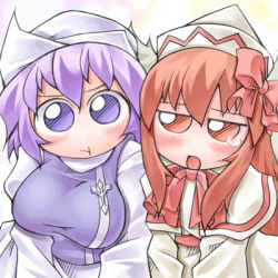Rule 34 | 2girls, :t, blue dress, bow, bowtie, breasts, capelet, dress, female focus, frills, hair bow, hat, large breasts, letty whiterock, lily white, long sleeves, looking at viewer, lowres, mob cap, multiple girls, nyagakiya, pout, purple eyes, purple hair, red bow, red bowtie, short hair, simple background, tate eboshi, touhou, white background, white dress