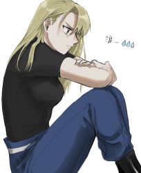 Rule 34 | 1girl, black shirt, blonde hair, blue pants, boots, breasts, brown eyes, closed mouth, crossed arms, elbows on knees, from side, fullmetal alchemist, hair down, highres, knees up, large breasts, lips, long hair, ozaki (tsukiko3), pants, profile, riza hawkeye, shirt, short sleeves, simple background, sitting, solo, straight hair, tears, white background