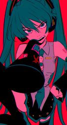 Rule 34 | 1girl, angry, aqua eyes, aqua hair, arm tattoo, bare shoulders, black footwear, black skirt, black thighhighs, boots, collared shirt, commentary request, detached sleeves, flat color, hatsune miku, highres, holding, holding megaphone, long hair, looking at viewer, megaphone, necktie, pleated skirt, red background, shirt, simple background, skirt, sleeveless, sleeveless shirt, solo, sticker, tattoo, thigh boots, thighhighs, thighs, twintails, urkt 10, very long hair, vocaloid, wide sleeves