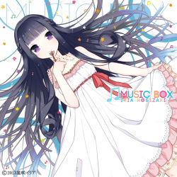 Rule 34 | 1girl, album cover, bad id, bad pixiv id, beamed quavers, black hair, cover, donacoo, dress, long hair, looking at viewer, lying, musical note, official art, original, purple eyes, quaver, smile, solo, white dress, yuuhi homare