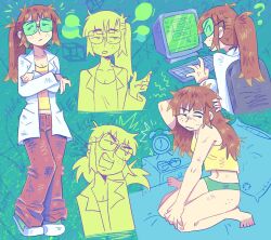 Rule 34 | 1girl, ?, alarm clock, barefoot, chair, clock, coat, commentary, crop top, crossed arms, english commentary, from behind, full body, glasses, graskip, green background, hand on own head, highres, keyboard (computer), lab coat, long hair, looking at viewer, messy hair, midriff, monitor, multiple views, on bed, original, panties, pants, pillow, ponytail, red hair, red pants, shirt, sitting, speech bubble, squinting, standing, tank top, tinted eyewear, underwear, upper body, wariza, white coat, yellow shirt, yellow tank top