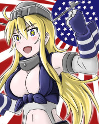 Rule 34 | 10s, 1girl, :d, admiral paru, ahoge, american flag, blonde hair, breasts, cleavage, detached sleeves, headgear, iowa (kancolle), kantai collection, long hair, looking at viewer, navel, open mouth, purple eyes, raised fist, smile, solo, star-shaped pupils, star (symbol), symbol-shaped pupils