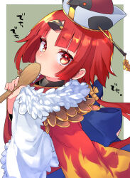 Rule 34 | 1girl, apron, benienma (fate), bird hat, blush, commentary request, fate/grand order, fate (series), hat, highres, holding, holding spoon, japanese clothes, long hair, long sleeves, looking at viewer, low ponytail, manami (fearfac666), parted bangs, red eyes, red hair, shamoji, solo, spoon, two-tone background, white apron, wide sleeves