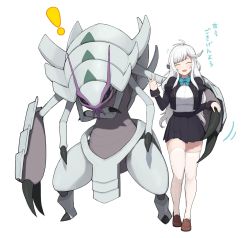 Rule 34 | !, 1girl, :d, accio, black jacket, black skirt, blue neckwear, blush, bow, bowtie, breasts, brown footwear, character request, claws, closed eyes, commentary request, creatures (company), cropped jacket, facing viewer, game freak, gen 7 pokemon, golisopod, hand up, high-waist skirt, jacket, juliet sleeves, large breasts, long hair, long sleeves, looking at viewer, miniskirt, nintendo, open clothes, open jacket, open mouth, pleated skirt, pokemon, pokemon (creature), puffy sleeves, shirt, shoes, simple background, skindentation, skirt, smile, standing, thighhighs, translated, walking, waving, white background, white hair, white shirt, white thighhighs, zettai ryouiki