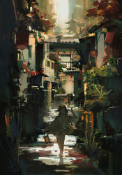 Rule 34 | 1girl, absurdres, bare legs, barefoot, blue eyes, bridge, brown kimono, building, chinese commentary, commentary request, full body, grass, green hair, hand up, highres, holding, holding lantern, japanese clothes, kimono, lantern, long hair, long sleeves, looking at viewer, original, outdoors, paper lantern, parted lips, pointy ears, scenery, solo, walking, zygocactus