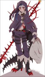 Rule 34 | 1boy, age regression, alternate costume, bag, belt, blue hair, bodypaint, boots, capelet, christmas, claws, closed mouth, cu chulainn (fate), cu chulainn (fate) (all), cu chulainn (fate/stay night), cu chulainn alter (fate), cu chulainn alter (fate/grand order), dark persona, earrings, facepaint, fate/grand order, fate (series), frown, full body, gae bolg (fate), gloves, hair strand, high heel boots, high heels, highres, holding, holding bag, hood, hood up, jewelry, lancer, male focus, monster boy, namahamu (hmhm 81), navel, pants, ponytail, red eyes, solo, tail, type-moon, white background, aged down