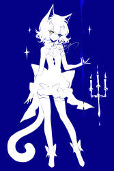 Rule 34 | 1girl, animal ears, blue background, boots, candle, candlestand, cat ears, cat tail, crescent moon symbol, dress, facial mark, footwear ribbon, full body, heterochromia, highres, looking at viewer, neck ribbon, original, ribbon, sheya, simple background, smile, solo, standing, tail, thigh boots, thighhighs, thighs
