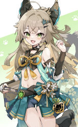 Rule 34 | 1girl, ahoge, black footwear, blue shorts, boots, box, breasts, brown hair, cardboard box, cat tail, commentary request, detached sleeves, double-parted bangs, genshin impact, green eyes, green skirt, highres, holding, holding box, kirara (genshin impact), long hair, looking at viewer, midriff, multiple tails, navel, open mouth, pleated skirt, ro/ku, short shorts, shorts, skirt, small breasts, solo, tail, two tails