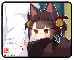 Rule 34 | 1boy, 1girl, akagi-chan (azur lane), animal ears, arm hug, azur lane, bell, brown hair, chibi, commentary request, eyeshadow, fox ears, fox girl, fox tail, hair bell, hair between eyes, hair ornament, hairclip, japanese clothes, kitsune, kyuubi, long hair, long sleeves, looking at viewer, makeup, mini person, minigirl, multiple tails, out of frame, red eyes, sidelocks, size difference, tail, taisa (kari), translated, twintails, twitter username, wide sleeves