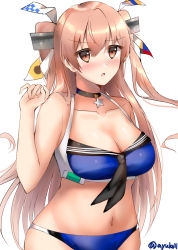 Rule 34 | 1girl, ayuko91, bikini, blue bikini, breasts, brown eyes, cleavage, contrapposto, cowboy shot, detached collar, hair ornament, hair ribbon, highres, johnston (kancolle), kantai collection, large breasts, light brown hair, long hair, looking at viewer, navel, ribbon, simple background, solo, standing, star (symbol), swimsuit, two side up, white background