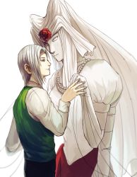 Rule 34 | 1boy, bad id, bad pixiv id, flower, grey hair, guy christopher, highres, holding hands, jewelry, karakuri circus, long sleeves, male focus, necklace, ns7104, olympia (karakuri circus), puppet, puppet strings, purple eyes, rose, standing, white background