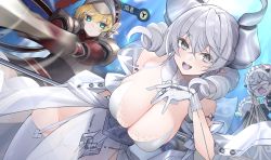 Rule 34 | aqua eyes, armor, blonde hair, breasts, dress, drill hair, duel monster, garter straps, gloves, hand on own chest, helmet, horns, huge breasts, knight, lovely labrynth of the silver castle, arianna the labrynth servant, arianne the labrynth servant, open mouth, pointy ears, thighhighs, xiujia yihuizi, yu-gi-oh!