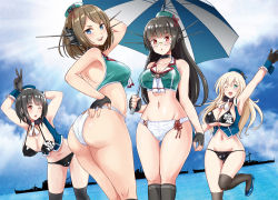 Rule 34 | 4girls, adapted costume, amanogami dai, ass, atago (kancolle), beret, bikini, bikini bottom only, black bikini, black gloves, black hair, black legwear, blonde hair, blue eyes, blue sky, breasts, brown hair, choukai (kancolle), cleavage, cloud, commentary request, day, dutch angle, feet out of frame, fingerless gloves, glasses, gloves, green eyes, groin, hair ornament, hairclip, hat, headgear, kantai collection, large breasts, leaning forward, long hair, looking at viewer, maya (kancolle), midriff, mini hat, mismatched bikini, multiple girls, navel, one eye closed, open mouth, outdoors, race queen, red eyes, remodel (kantai collection), rimless eyewear, short hair, silhouette, sky, smile, standing, swimsuit, takao (kancolle), teeth, thighhighs, umbrella, upper teeth only, v, white bikini, x hair ornament