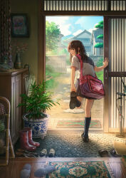 Rule 34 | 1girl, air pump, bicycle pump, black hair, boots, day, doorway, highres, loafers, long hair, looking back, original, plant, potted plant, revision, rubber boots, rug, scenery, school uniform, serafuku, shoes, unworn shoes, slippers, solo, sugi87, umbrella