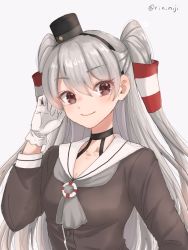 Rule 34 | 1girl, amatsukaze (kancolle), black dress, blush, breasts, brown eyes, choker, cleavage, dress, gloves, grey background, grey hair, hair between eyes, hair tubes, kantai collection, long hair, long sleeves, rin (rin niji), sailor collar, sailor dress, simple background, small breasts, smile, solo, two side up, upper body, white gloves