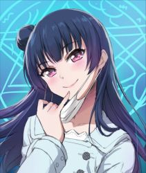 Rule 34 | 1girl, blue background, blue hair, blue jacket, blunt bangs, blush, buttons, closed mouth, collarbone, commentary request, hair bun, head tilt, jacket, lips, long hair, long sleeves, looking at viewer, love live!, love live! sunshine!!, mask, unworn mask, mouth mask, pink eyes, pinky out, side bun, single side bun, smile, solo, tonee, tsushima yoshiko