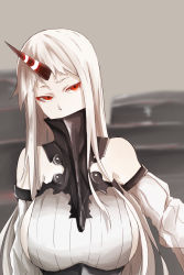 Rule 34 | 10s, 1girl, abyssal ship, bare shoulders, breasts, detached sleeves, dress, highres, horns, kantai collection, large breasts, long hair, pale skin, red eyes, ribbed dress, ribbed sweater, seaport princess, sideboob, single horn, solo, sweater, sweater dress, tsukamoto minori, upper body, white hair