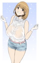 Rule 34 | 1girl, absurdres, bad id, bad pixiv id, bare shoulders, blue shorts, breasts, brown eyes, brown hair, covered erect nipples, gloves, green kaminari, grin, highres, huge breasts, looking at viewer, narusawa ryouka, navel, occultic;nine, see-through, shirt, shirt tucked in, short hair, shorts, sleeveless, sleeveless shirt, smile, solo, sparkle, star (symbol), wet, wet clothes, white gloves, white shirt