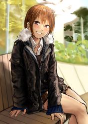 Rule 34 | 1girl, absurdres, bench, black jacket, blush, brown eyes, brown hair, brown necktie, collared shirt, commentary request, grin, highres, jacket, kilye kairi, long sleeves, looking at viewer, necktie, open clothes, open jacket, original, shirt, short hair, sitting, smile, solo, wing collar