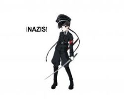 Rule 34 | 1girl, armband, belt, black eyes, black hair, black legwear, boots, buttons, flat chest, gloves, hat, katana, knee boots, long hair, looking at viewer, lowres, military, military uniform, nazi, necktie, pale skin, peaked cap, simple background, solo, standing, sword, twintails, uniform, very long hair, weapon