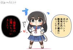 Rule 34 | 1girl, black hair, blue sailor collar, blue skirt, boxcutter, breasts, chibi, commentary request, full body, goma (yoku yatta hou jane), green eyes, hairband, hip vent, kantai collection, long hair, necktie, ooyodo (kancolle), open mouth, pleated skirt, purple thighhighs, red necktie, rope, sailor collar, school uniform, semi-rimless eyewear, serafuku, simple background, skirt, small breasts, solo, standing, thighhighs, translation request, twitter username, under-rim eyewear, wavy mouth, white background