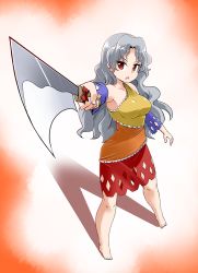 Rule 34 | 1girl, bare shoulders, barefoot, breasts, commentary request, detached sleeves, dress, frills, full body, grey hair, hashitsuki nata, hatchet, holding, holding weapon, kousei (public planet), long hair, looking at viewer, medium breasts, multicolored clothes, multicolored dress, nata (tool), open mouth, pointing weapon, red eyes, ribbon, sakata nemuno, single strap, solo, standing, touhou, triangle mouth, wavy hair, weapon