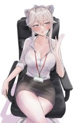 Rule 34 | 1girl, ahoge, animal ears, arm up, blush, breasts, buttons, chair, cleavage, collarbone, collared shirt, crossed legs, green eyes, head tilt, highres, hololive, lanyard, lion ears, lips, looking to the side, medium breasts, office chair, office lady, open collar, pencil skirt, see-through, shadow, shirt, shishiro botan, shishiro botan (button-down), sidelocks, simple background, skirt, sleeves rolled up, sweat, swivel chair, thighs, tomj, virtual youtuber, white background, white shirt