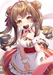 Rule 34 | 1girl, absurdres, ahoge, apron, breasts, brown eyes, brown hair, candy, chocolate, chocolate heart, chocolate on face, commentary request, double bun, food, food in mouth, food on face, frilled apron, frills, hair bun, hand up, happy valentine, heart, highres, long hair, looking at viewer, medium breasts, mouth hold, multicolored hair, neck ribbon, original, red skirt, ribbon, ringlets, shirt, skirt, sleeveless, sleeveless shirt, solo, streaked hair, striped clothes, striped skirt, torokeru none, twintails, two-tone hair, valentine, vertical-striped clothes, vertical-striped skirt, very long hair, waist apron, white apron, white shirt, wrist cuffs, yellow ribbon