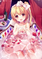 Rule 34 | 1girl, bare arms, bare shoulders, bathing, bathtub, blonde hair, blush, bottle, candy, chocolate, chocolate heart, collarbone, cup, curtains, drinking glass, flandre scarlet, food, hair ribbon, heart, looking at viewer, morinaga kobato, naked towel, open mouth, petals, red eyes, ribbon, side ponytail, smile, solo, table, touhou, towel, water, wine bottle, wine glass, wings