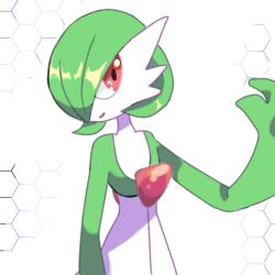 Rule 34 | 1girl, arm at side, bob cut, colored skin, creatures (company), female focus, flat chest, game freak, gardevoir, gen 3 pokemon, green hair, green skin, hair over one eye, hand up, hao (pixiv 10705622), happy, honeycomb (pattern), honeycomb background, looking to the side, multicolored skin, nintendo, one eye covered, open mouth, pokemon, pokemon (creature), red eyes, short hair, smile, solo, standing, two-tone skin, upper body, white background, white skin