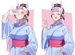 Rule 34 | 1girl, absurdres, alternate costume, animal ears, blue kimono, blush, bow, breasts, brown headwear, clothing cutout, commentary request, cowboy shot, drinking, ear bow, from behind, gold ship (umamusume), grey hair, grin, hand on own hip, highres, horse ears, horse girl, horse tail, indoors, japanese clothes, jenshenya, kimono, large breasts, long hair, obi, pillbox hat, purple bow, purple eyes, sash, smile, solo, tail, tail through clothes, umamusume