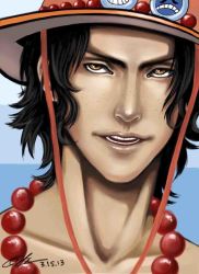 Rule 34 | 1boy, angie03, brown eyes, brown hair, freckles, hat, jewelry, male focus, necklace, ocean, one piece, outdoors, pirate, portgas d. ace, smirk, solo, stampede string