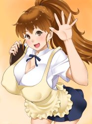 Rule 34 | 1girl, absurdres, apron, artist name, breasts, brown background, brown eyes, brown hair, cleavage, covered erect nipples, gradient background, highres, huge breasts, long hair, looking at viewer, open mouth, ponytail, skirt, smile, solo, taneshima popura, tray, waitress, waving, working!!, zonda (solid air)