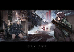 Rule 34 | 3girls, an-94, an-94 (girls&#039; frontline), android, assault rifle, brown hair, bullpup, camouflage, camouflage jacket, city, commentary, cyborg, english commentary, girls&#039; frontline, gloves, gun, heckler &amp; koch, jacket, kneeling, letter, letterboxed, long hair, military operator, multiple girls, nepty (silkey vod), pantyhose, persocon93, purple hair, rifle, ruins, scope, side ponytail, silver hair, sniper rifle, submachine gun, suppressor, terminator (series), ump45 (girls&#039; frontline), wa2000 (girls&#039; frontline), walther, walther wa 2000, weapon