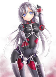 Rule 34 | 1girl, armor, blue eyes, breasts, clenched hand, commentary request, contrapposto, cyborg, exposed muscle, expressionless, grey hair, hand up, highres, long hair, looking at viewer, mechanical arms, mechanical legs, neit ni sei, original, single mechanical arm, small breasts, solo, standing, white background
