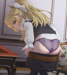 Rule 34 | 1girl, angry, ass, belt, black legwear, black vest, blonde hair, bow, character request, copyright request, from behind, frown, green eyes, hair bow, highres, leaning forward, long hair, looking at viewer, looking back, panties, pants, potato iida, puffy sleeves, purple panties, removing legwear, shirt, solo, underwear, undressing, vest, waistcoat, white bow, white shirt