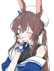 Rule 34 | 1girl, alternate costume, amiya (arknights), animal ears, arknights, artist name, beret, black shirt, blue eyes, blue neckerchief, blue ribbon, blue shirt, brown hair, center frills, citron80citron, collared shirt, frills, hat, jewelry, long hair, multiple rings, neckerchief, off shoulder, one eye closed, ponytail, rabbit ears, ribbon, ring, sailor collar, shirt, simple background, sleeveless, sleeveless shirt, smile, solo, tongue, tongue out, upper body, white background, white hat