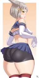 Rule 34 | 1girl, absurdres, animal ears, arcedo, ass, bare shoulders, bike shorts, blush, breasts, cat ears, cosplay, elbow gloves, embarrassed, facial mark, from behind, gloves, highres, huge ass, kantai collection, looking at viewer, miniskirt, nia (xenoblade), pantylines, shimakaze (kancolle), shimakaze (kancolle) (cosplay), shiny clothes, shiny skin, short hair, short shorts, shorts, sideboob, skirt, solo, thick thighs, thighhighs, thighs, xenoblade chronicles (series), xenoblade chronicles 2, yellow eyes