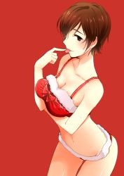 Rule 34 | 1girl, absurdres, agonasubi, bad id, bad pixiv id, bra, breasts, brown eyes, brown hair, cleavage, collarbone, eyebrows, highres, lingerie, md5 mismatch, meiko (vocaloid), navel, panties, pointing, pointing at self, red background, red theme, resolution mismatch, shiny skin, short hair, sketch, solo, source smaller, thigh gap, thighs, tongue, tongue out, underwear, vocaloid